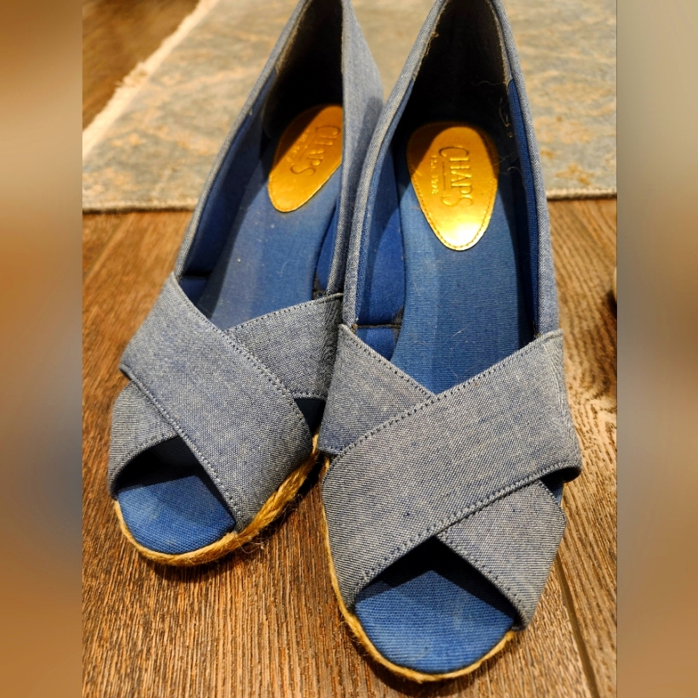 Chaps Womens Blue Denim Open Toe Wedge